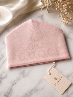 Authentic Gucci Baby Pink GG Monogram Wool Beanie Hat 12-24M NWT